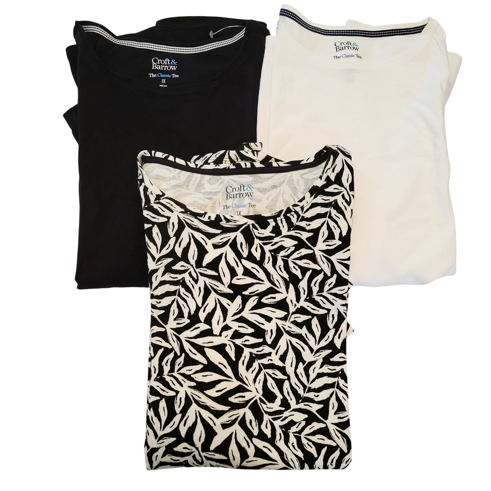 Croft & Barrow Classic Tee‎ Womens 1X Set 3 Black White Floral Short Sleeve Tops